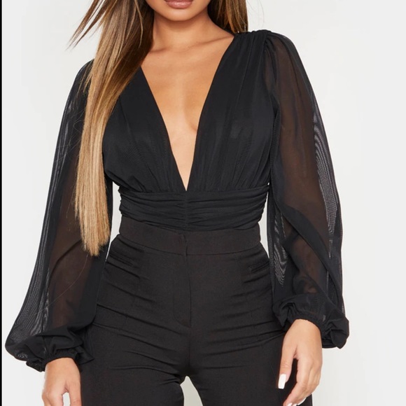 Black Mesh Ruched Waistband Bodysuit - Picture 6 of 7